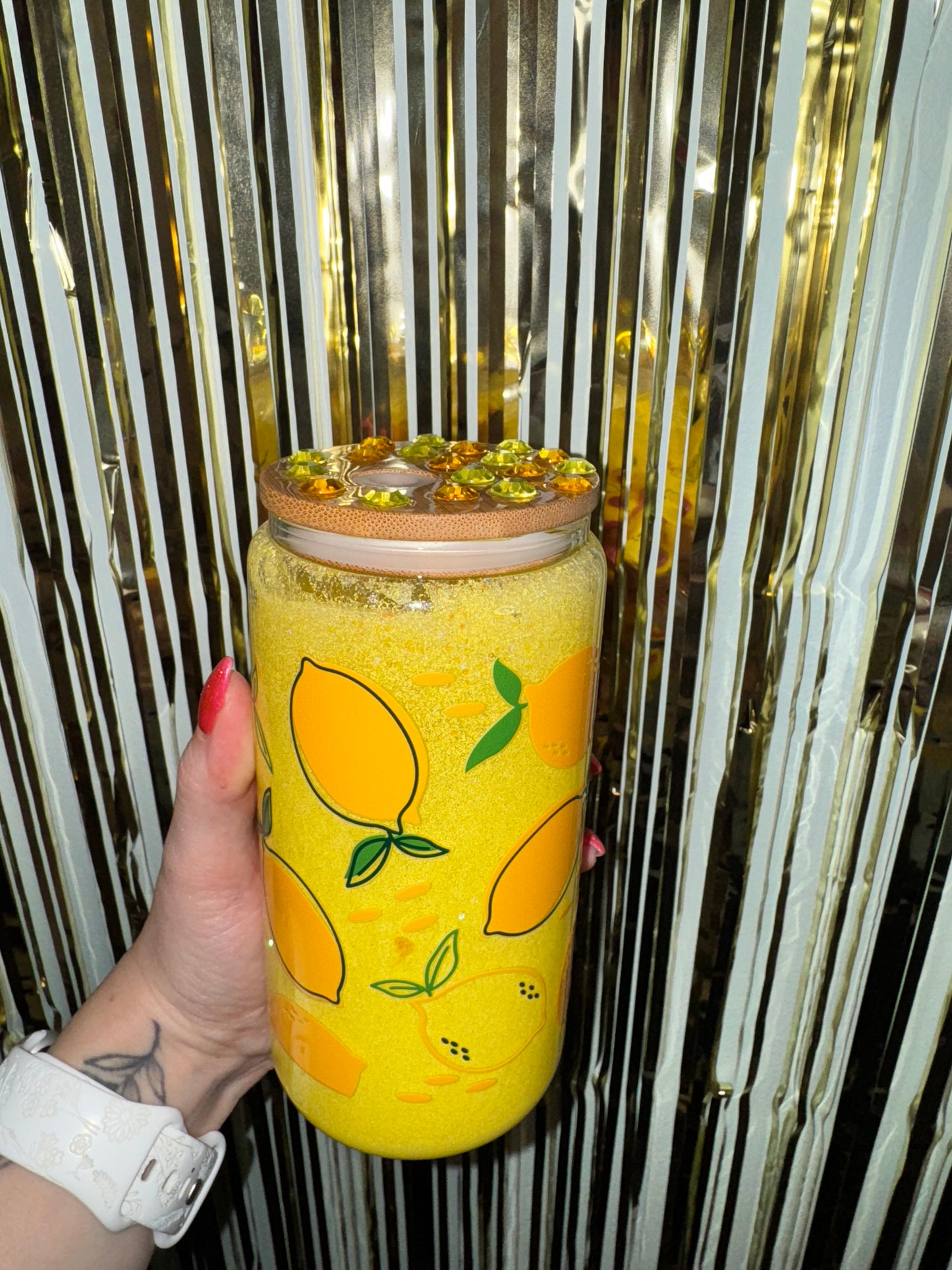 Yellow Fine Glitter Lemons 16oz Glass