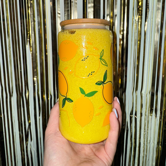 Yellow Fine Glitter Lemons 16oz Glass
