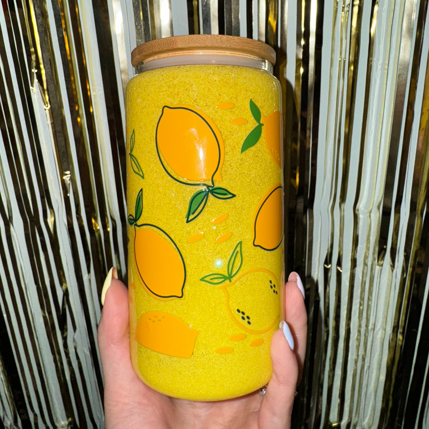 Yellow Fine Glitter Lemons 16oz Glass
